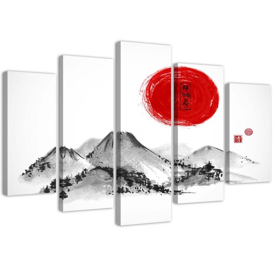 Quadri Quadro 5 pezzi Stampa su tela Giappone Montagne Sole - 200x100