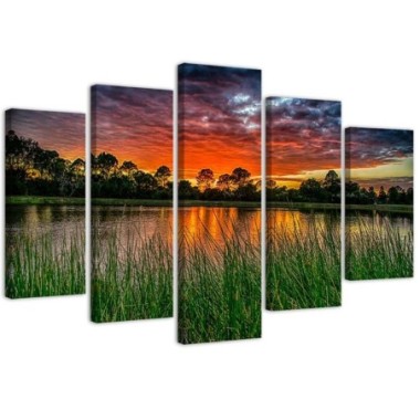 Quadro su tela 5 paneli Lago del tramonto - 200x100